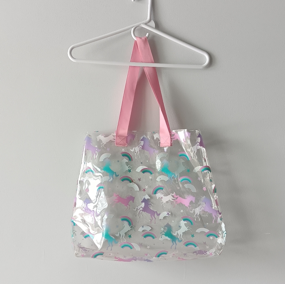 Unicorn Clear Plastic Tote Bag Pink Shoulder Straps Aqua White Purple Rainbows - Picture 2 of 10